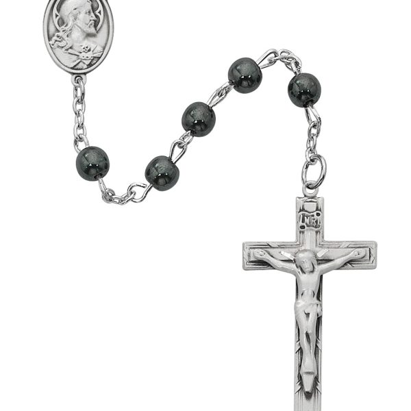 Sacred Heart of Jesus Hematite and Sterling Silver Rosary