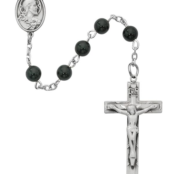 Sacred Heart of Jesus Black Onyx and Sterling Silver Rosary