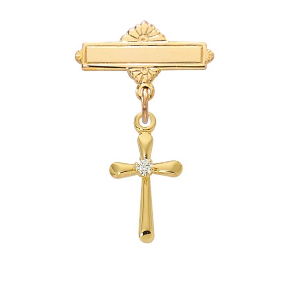 Gold Over Sterling Silver Cross W Cz Stone Baby Pin/T