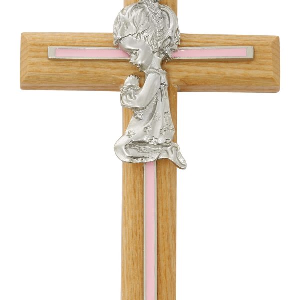 7 Inch Oak With Baby Pink Girl Praying Cross