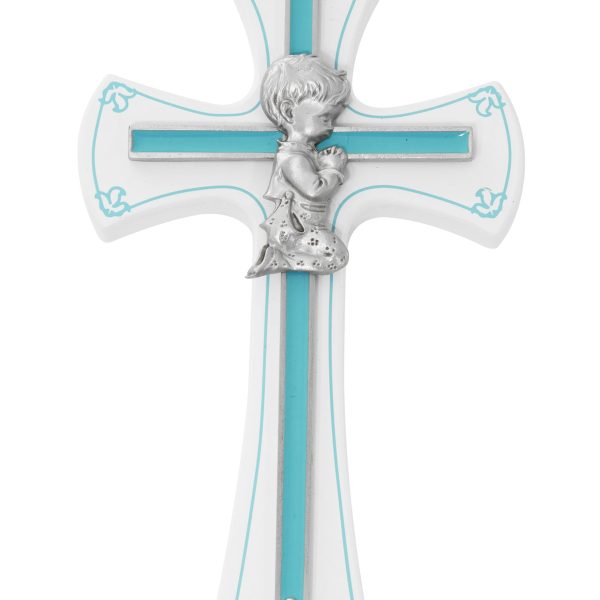 7" White and Blue Baby Boy Praying Cross
