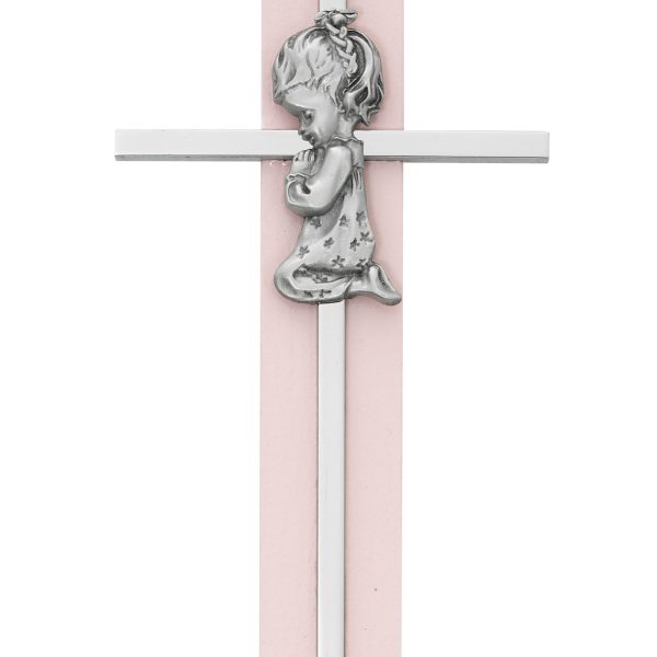 6 Inch Pink Wood Praying Girl On Silver Cross