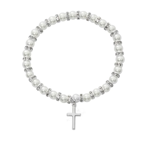 White Baby Stretch Bracelet And Sterling Cross