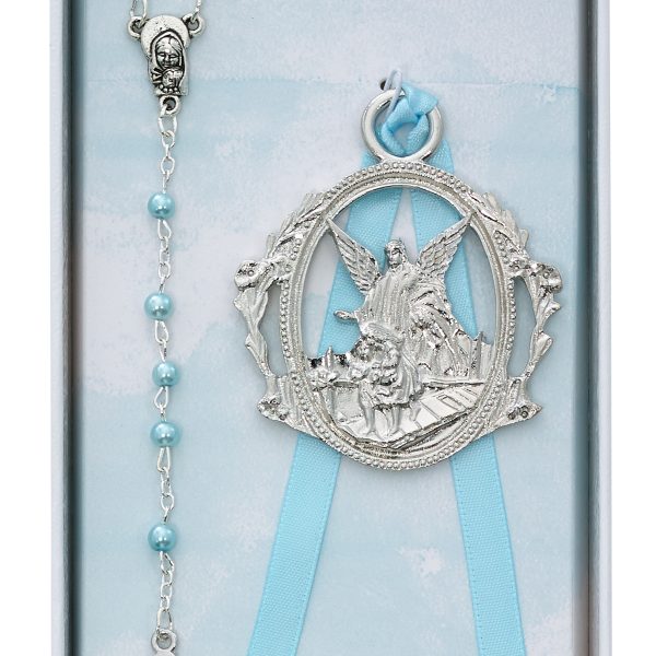 Angel Crib Medal And Blue Rosary Set