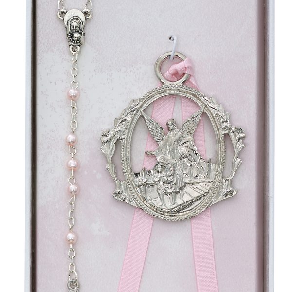 Angel Crib Medal And Pink Rosary Set