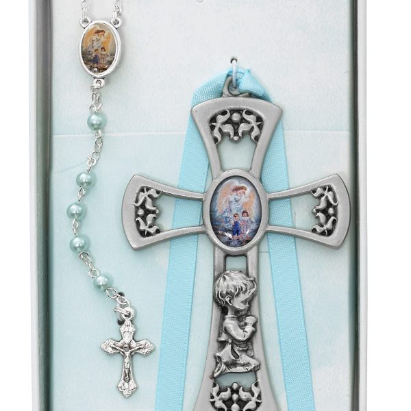 Crib Cross And Blue Rosary Set