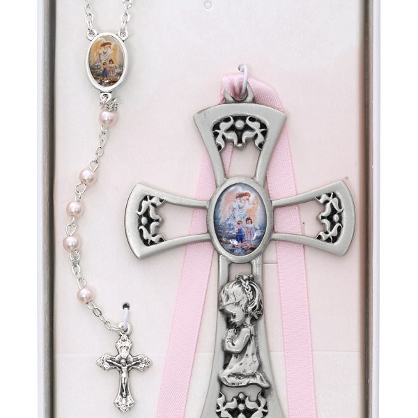 Crib Cross And Pink Rosary Set