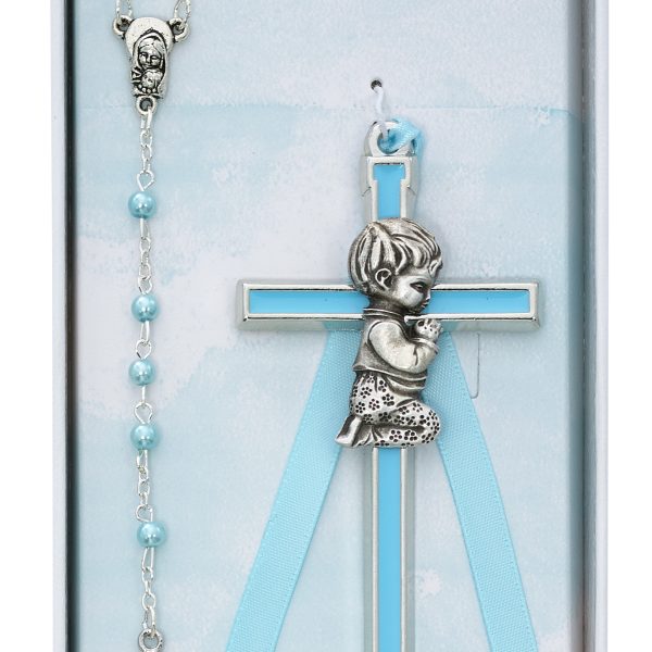 Blue Crib Cross And Blue Rosary Set
