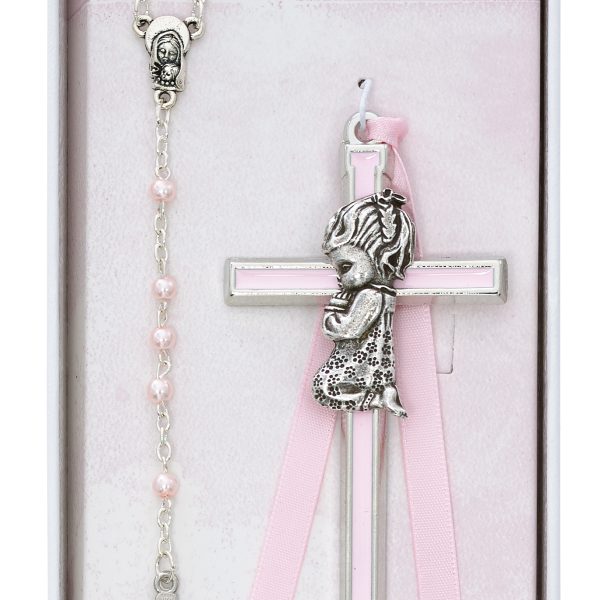Pink Crib Cross And Pink Rosary Set