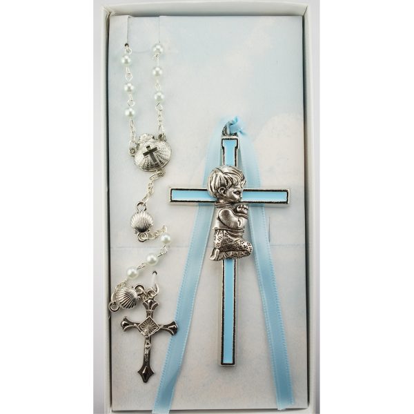 Blue Crib Cross and Blue Rosary Set