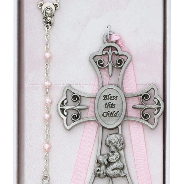 Baby Girl And Puppy Crib Cross And Rosary