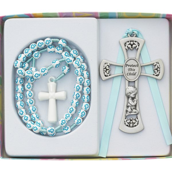 Boys Blue Cross Rosary With Crib Medal