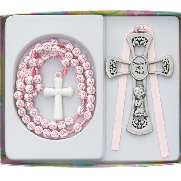Girls Pink Cross Rosary With Crib Medal
