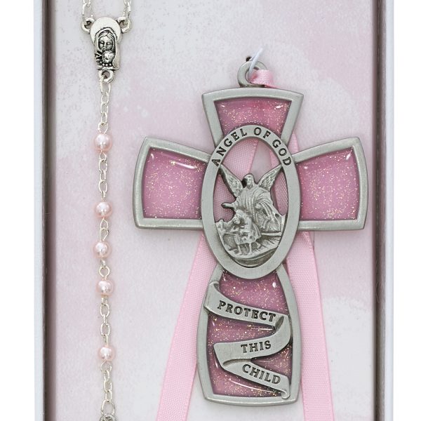 Pink Crib Cross And Pink Rosary Set