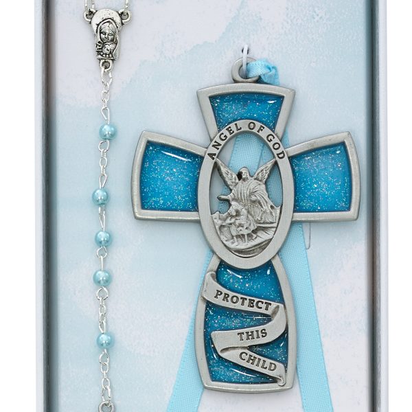 Blue Crib Cross And Pink Rosary Set