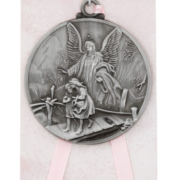 Pink Guardian Angel Crib Medal - Girl